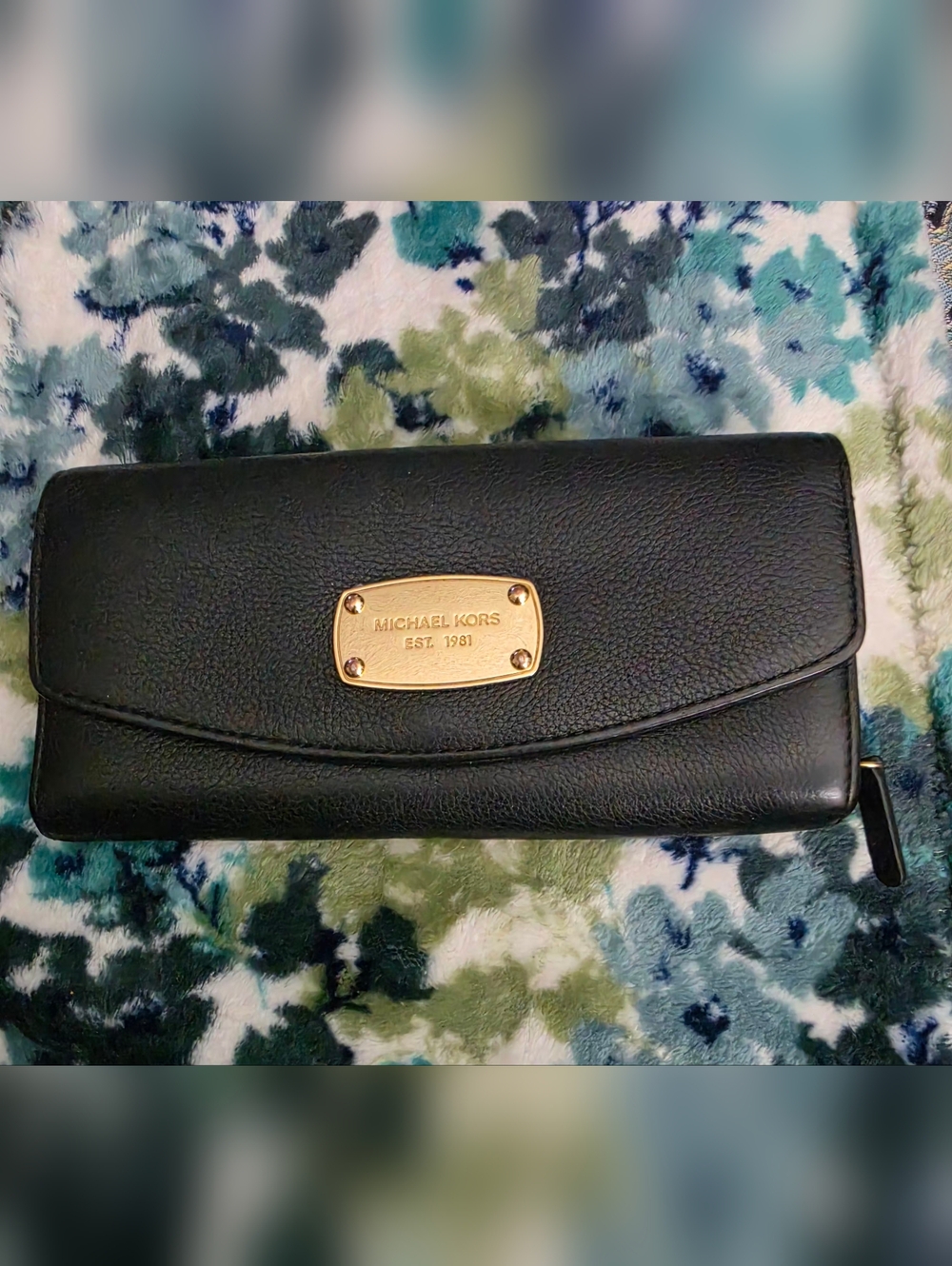 Michael Kors Black Leather Continental Wallet with Gold Plate